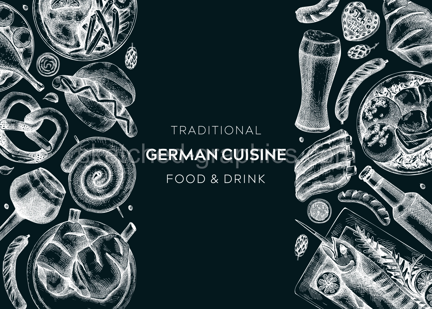 German food background on chalkboard. Oktoberfest menu design. Vector meat dishes sketches. German cuisine banner in vintage style. Traditional Food festival illustration. Beer hand drawing Illustration